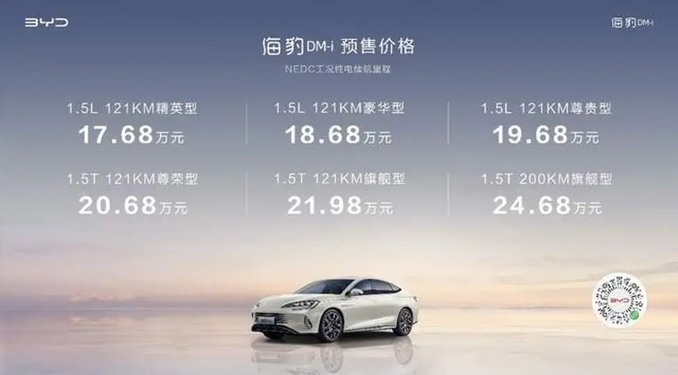 新一代主流中型轿车 比亚迪海豹DM-i正式预售 17.68万-24.68万元